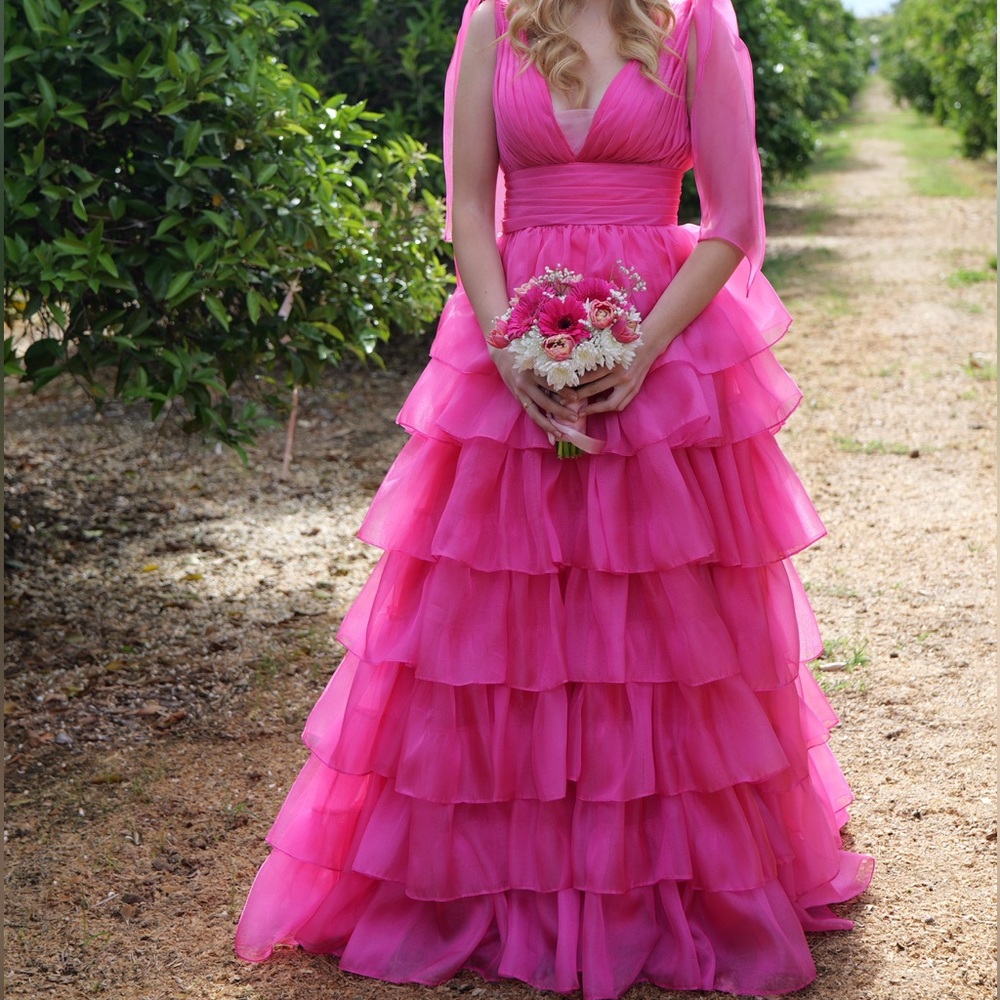 Pink Ruffled Prom Dress with Bow Straps